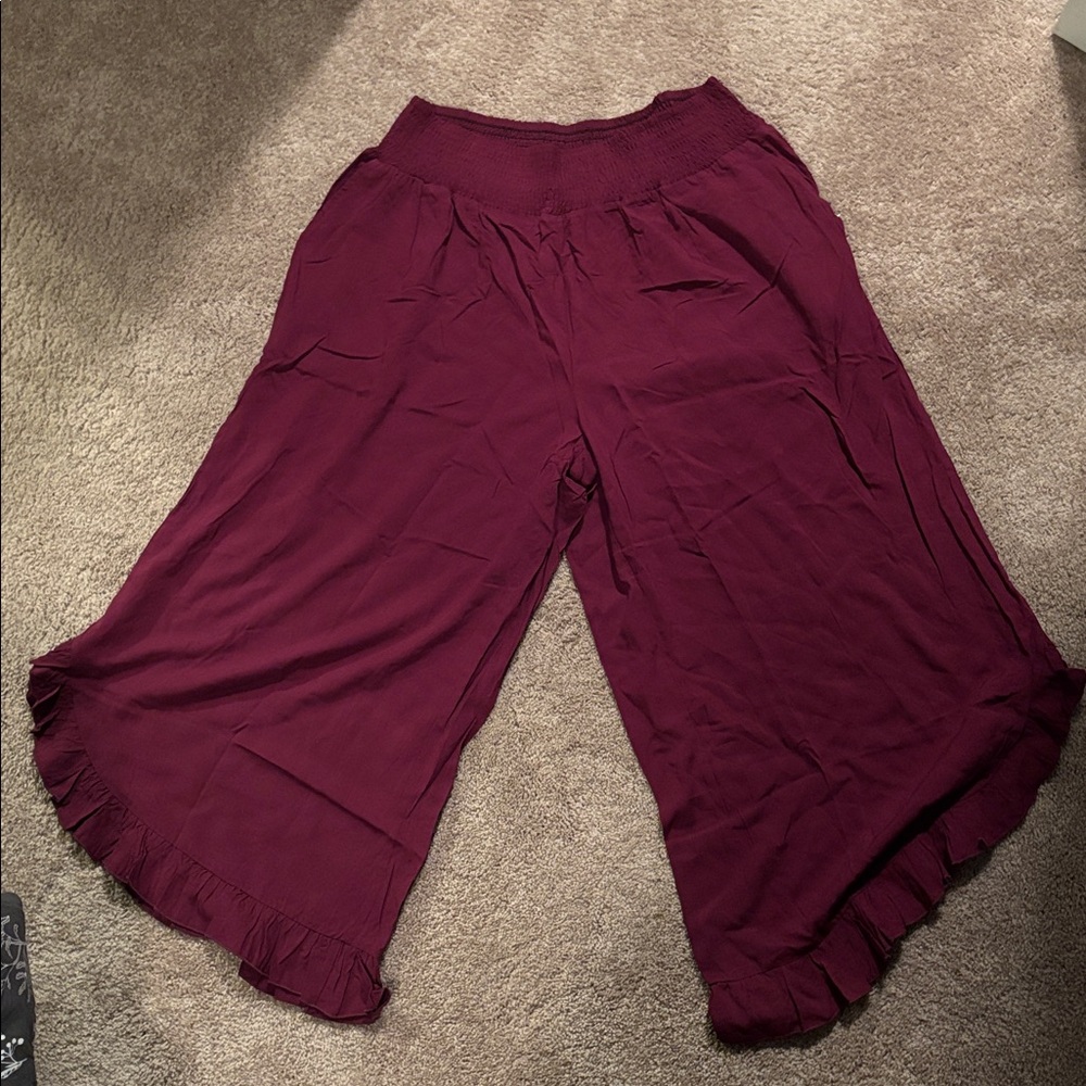 BloomChic Maroon Ruffle Detail Pants